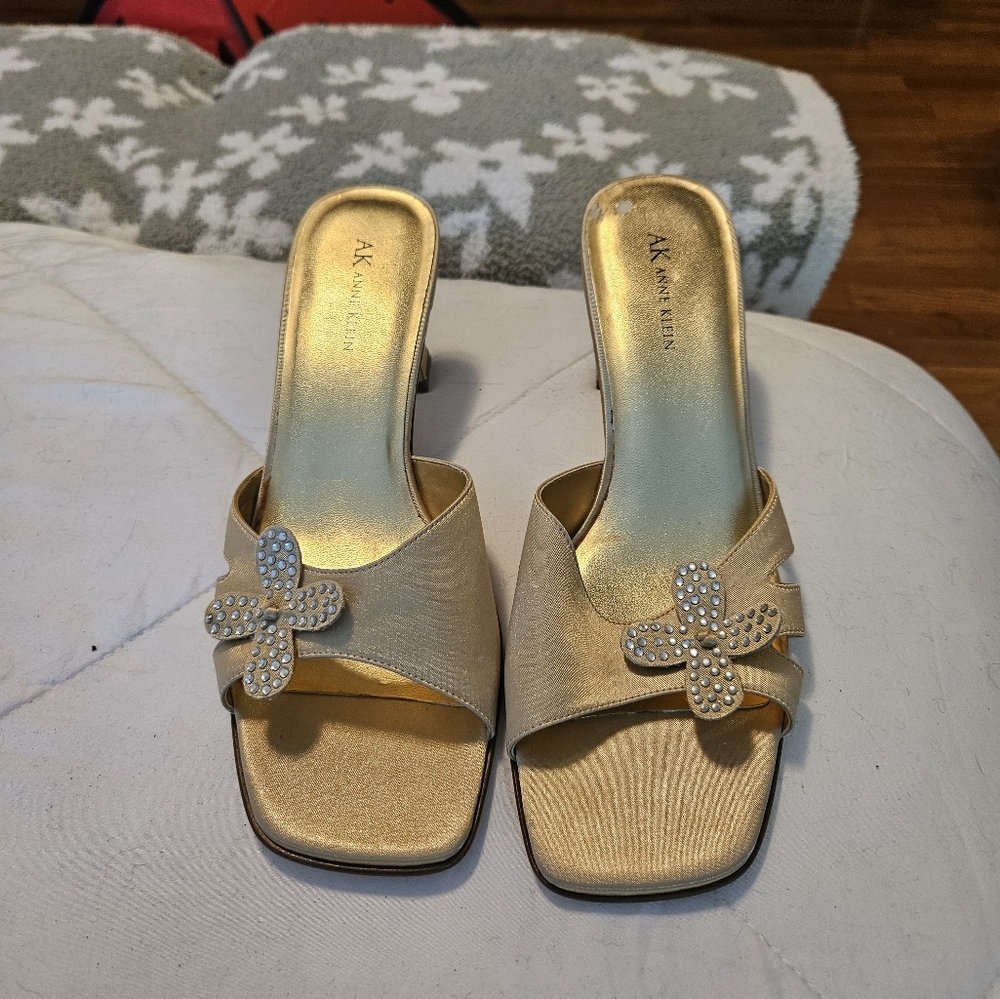 Gold Satin Mules with Embellished Flower